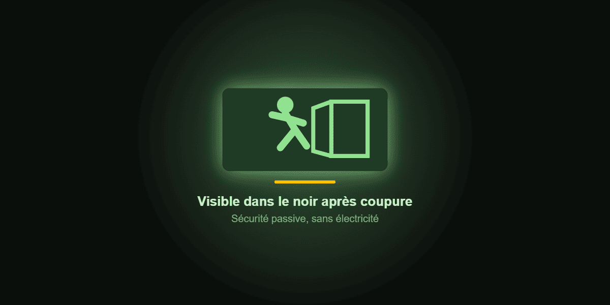  panneau sortie de secours photoluminescent visible dans le noir apr&egrave;s coupure